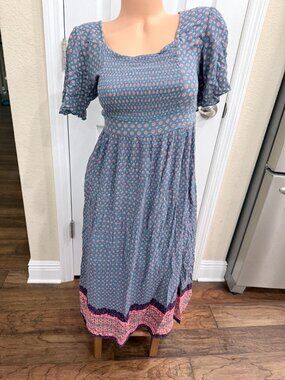 Blue Floral Border Midi Dress